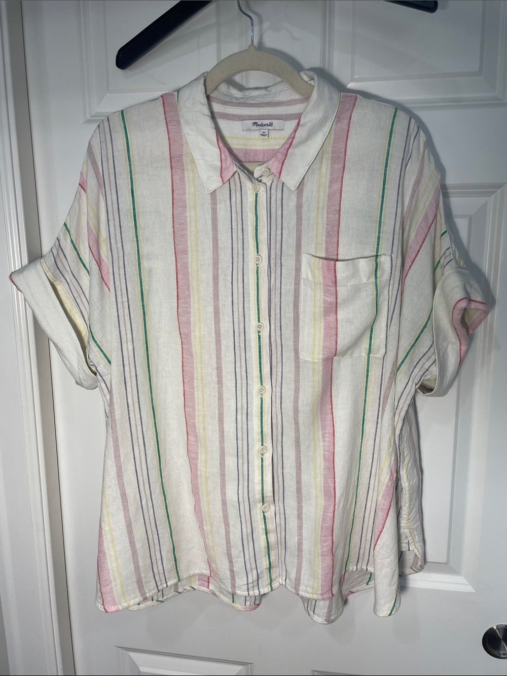 Madewell Button Up Daily Shirt Size XL Rainbow Stripes Linen Blend Short Sleeve